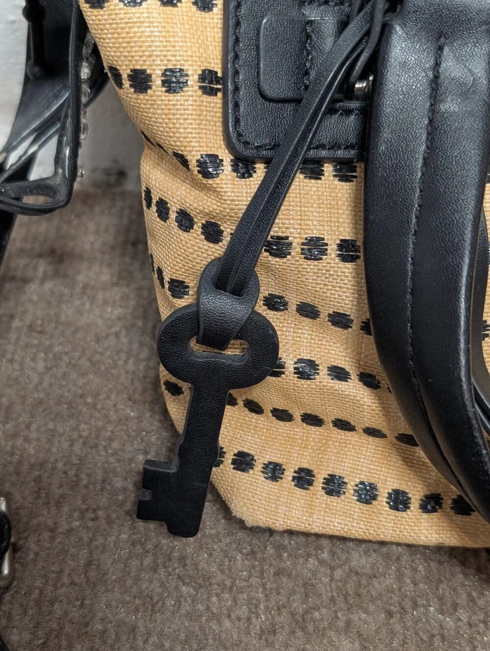 FOSSIL Women's Dawson Satchel Textile Black & Tan Polka Dot Purse Bag